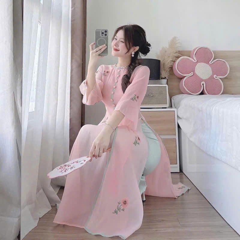 Set áo dài, set thiết kế áo dài cách tân Tết Voan thêu hoa nút bọc cổ đan dây mix quần suông