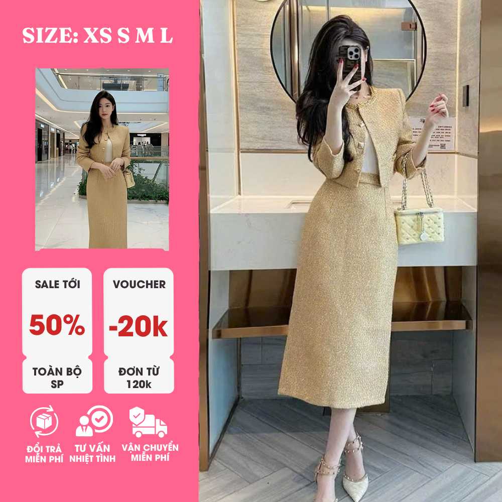 Sét Dạ Tweed Vàng Champagne Sang Trọng – Thanh Lịch, Tôn Dáng Chuẩn Tiểu Thư