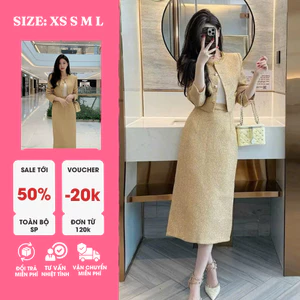 Sét Dạ Tweed Vàng Champagne Sang Trọng – Thanh Lịch, Tôn Dáng Chuẩn Tiểu Thư