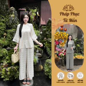 Pháp phục đi chùa cổ tròn đính khuy tết họa tiết tằm lông công Đồ lam đi lễ cách tân tay lỡ xếp ly mềm mát Sang trọng