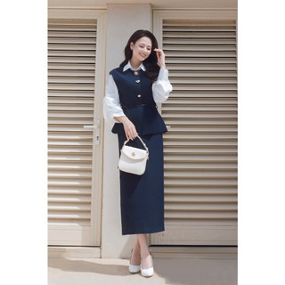 Áo Kiểu Nữ Gile LAMER FASHION Cổ Tròn Phối Dây Đai Eo Phối Cùng Chân Váy Suông Dài Xẻ Sau L66C25T003 L62M25T006