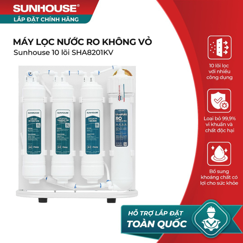 [VOUCHER MỞ BÁN 1TR] Máy lọc nước RO không vỏ Sunhouse 10 lõi SHA8201KV - Loại bỏ 99,9% vi khuẩn - Chống tái nhiễm khuẩn