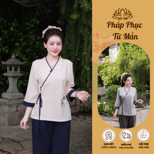 Bộ đồ đi chùa vạt chéo thêu Tâm đũi xước mềm mịn Pháp phục lễ chùa tay lỡ đũi mát Thanh lịch