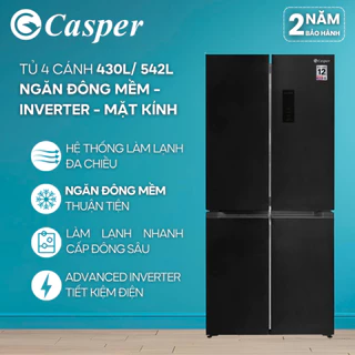 [KHÔNG GIAO MIỀN TRUNG] Tủ lạnh 4 cánh Casper Inverter 430L / 542L Ngăn đông mềm, mặt kính - RM-D430GBS/ RM-D542GBS