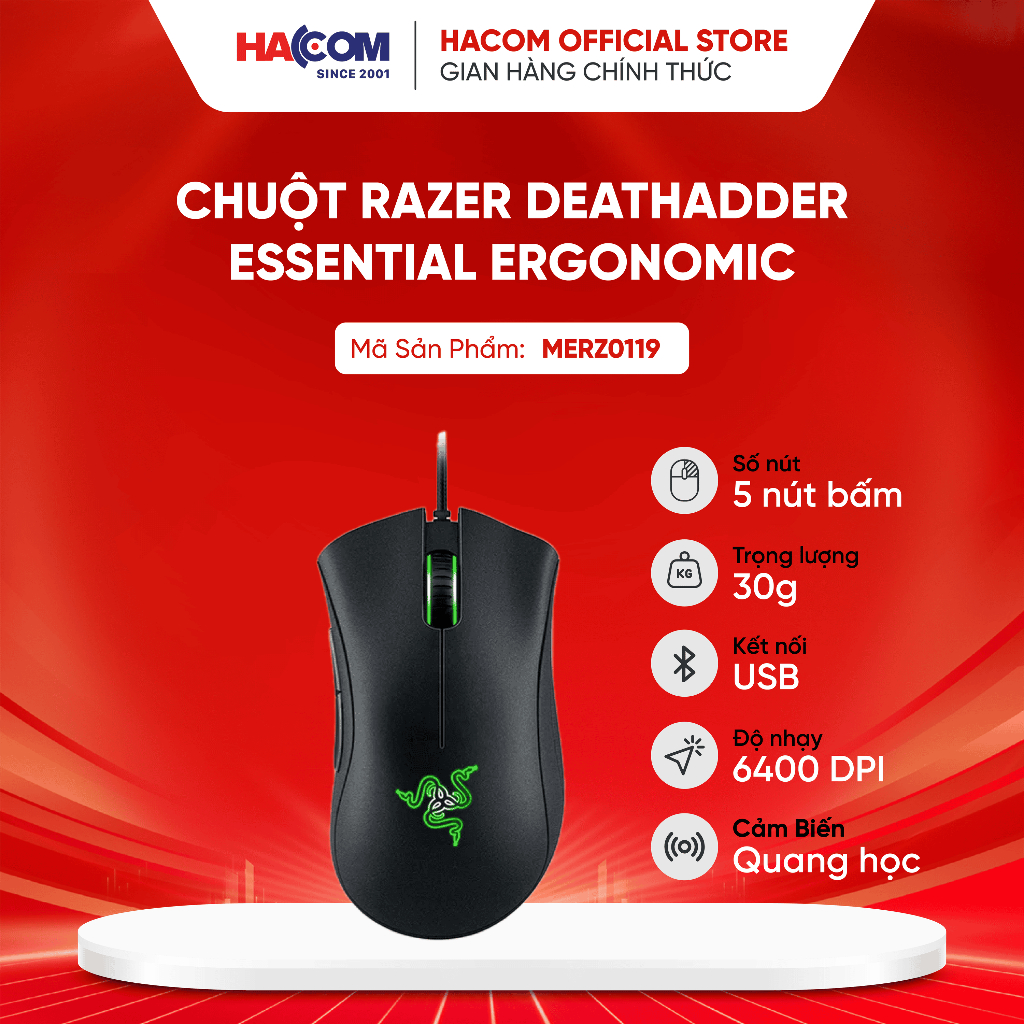 Chuột Razer DeathAdder Essential Ergonomic đen (USB/Led Green) (RZ01 ...