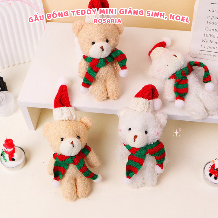 Gấu bông Teddy Mini Giáng Sinh đội mũ len, đeo khăn quàng cổ. Quà tặng noel ý nghĩa Rosaria