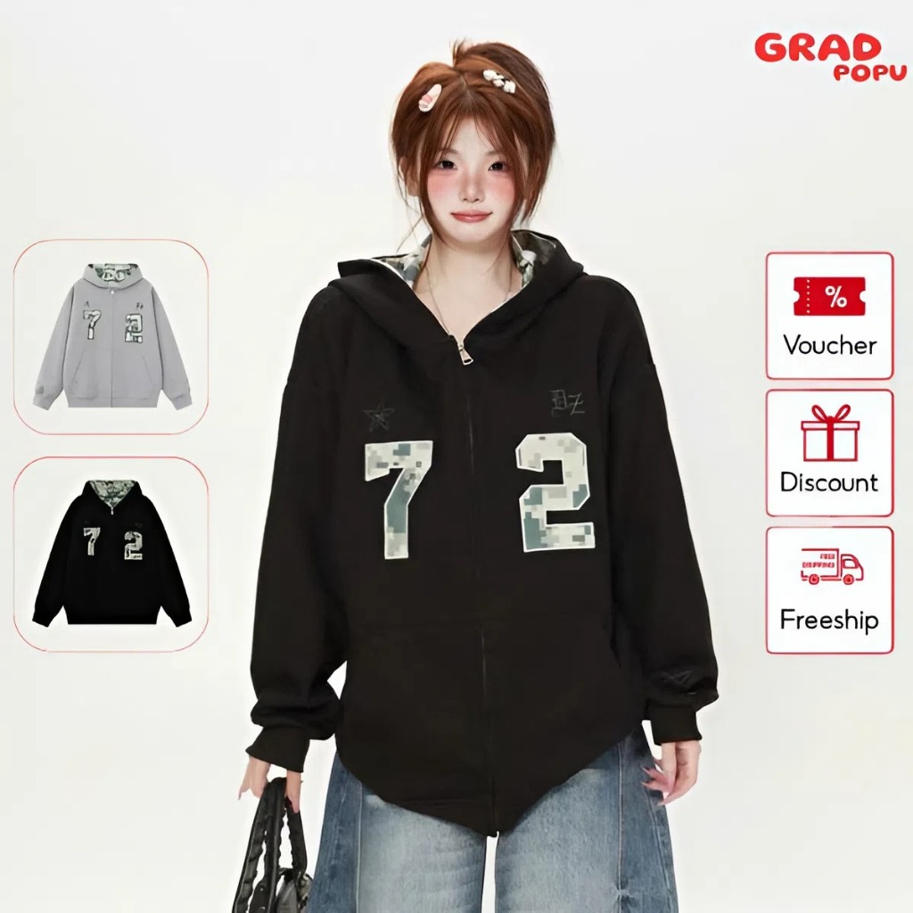 Áo khoác GRADPOPU hoodie cardigan họa tiết ngụy trang phong cách Mỹ cổ điển dáng rộng AK192