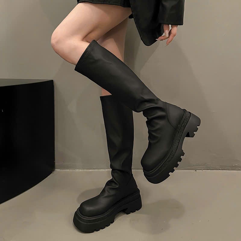 Giày Boots Ống Nữ Cao Cổ Mũi Tròn Cổ Nhún  Da Lì Siêu Dày Tôn Dáng Phong Cách B25 - NTshoes
