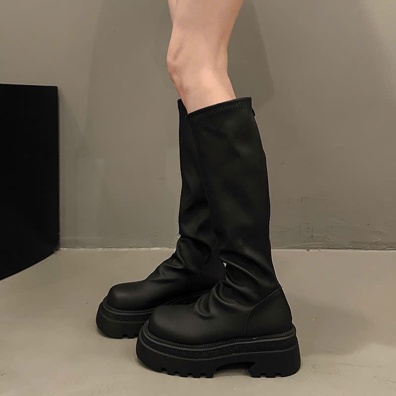 Giày Boots Ống Nữ Cao Cổ Mũi Tròn Cổ Nhún  Da Lì Siêu Dày Tôn Dáng Phong Cách B25 - NTshoes