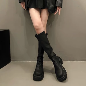 Giày Boots Ống Nữ Cao Cổ Mũi Tròn Cổ Nhún Da Lì Siêu Dày Tôn Dáng Phong Cách B25 - NTshoes