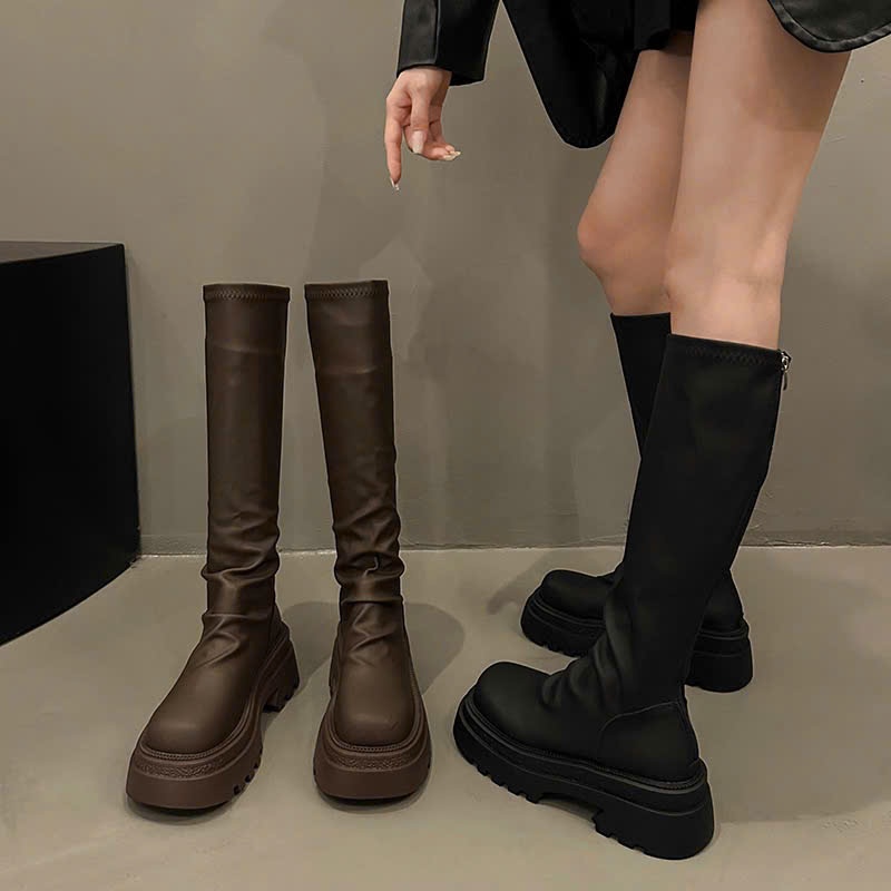 Giày Boots Ống Nữ Cao Cổ Mũi Tròn Cổ Nhún  Da Lì Siêu Dày Tôn Dáng Phong Cách B25 - NTshoes