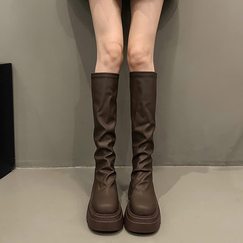 Giày Boots Ống Nữ Cao Cổ Mũi Tròn Cổ Nhún  Da Lì Siêu Dày Tôn Dáng Phong Cách B25 - NTshoes