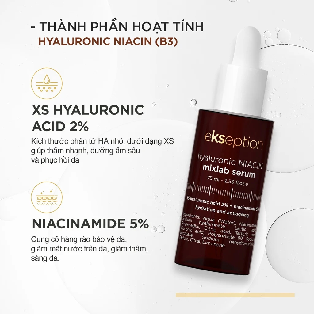 [ĐẠI LÝ CHÍNH HÃNG] Serum HA + 5% B3 sáng da, mờ thâm mụn Ekseption Hyaluronic Niacin 75ml