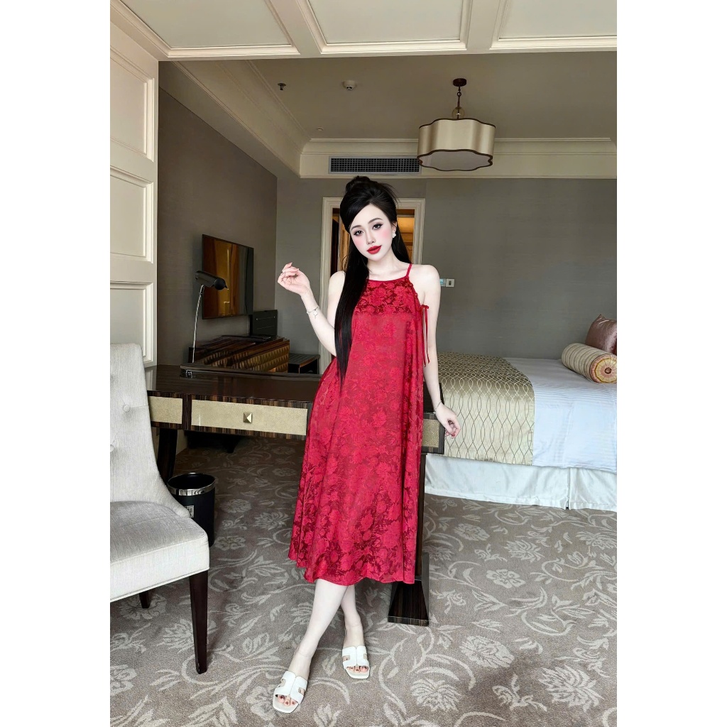 Đầm ngủ hai dây nữ Vy Linh chất liệu gấm họa tiết hoa lá (TÙY LÔ) xinh xắn thoáng mát, mềm mại S1324