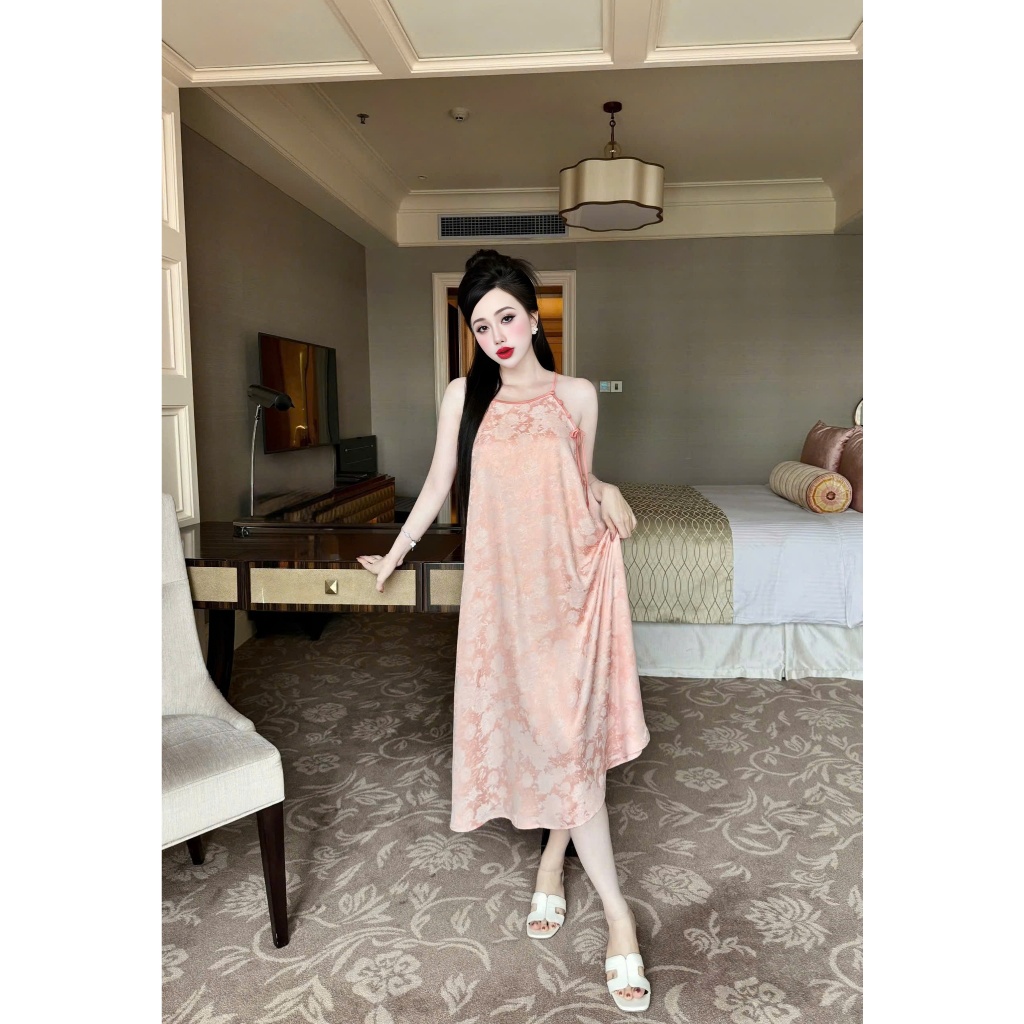 Đầm ngủ hai dây nữ Vy Linh chất liệu gấm họa tiết hoa lá (TÙY LÔ) xinh xắn thoáng mát, mềm mại S1324