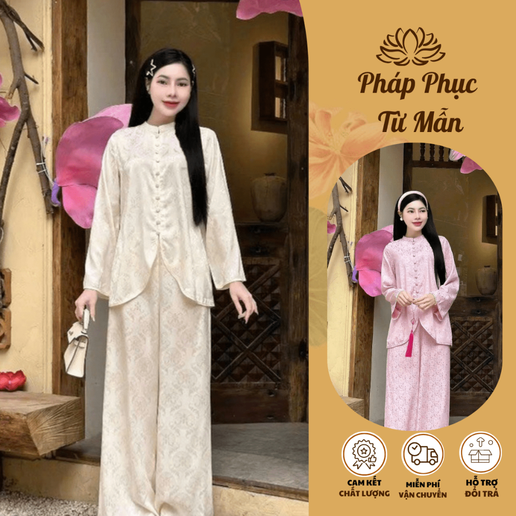 Bộ đi chùa lót hầu vạt chéo dài tay lụa gấm Đồ lam đi chùa cổ tài cách tân tiểu thư gấm mềm mịn Thanh lịch