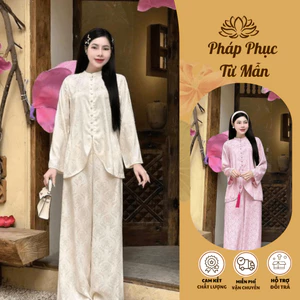Bộ đi chùa lót hầu vạt chéo dài tay lụa gấm Đồ lam đi chùa cổ tài cách tân tiểu thư gấm mềm mịn Thanh lịch