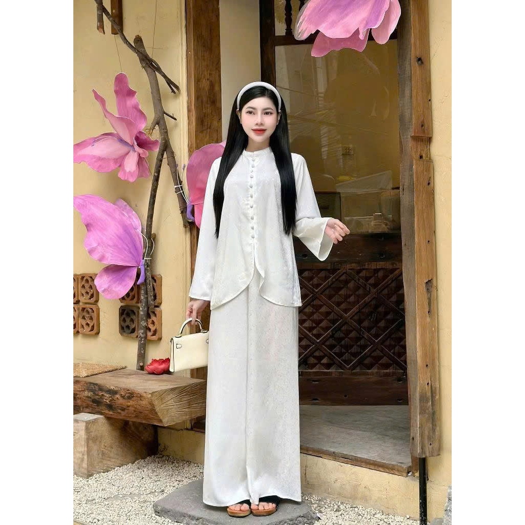 Bộ đi chùa lót hầu vạt chéo dài tay lụa gấm Đồ lam đi chùa cổ tài cách tân tiểu thư gấm mềm mịn Thanh lịch