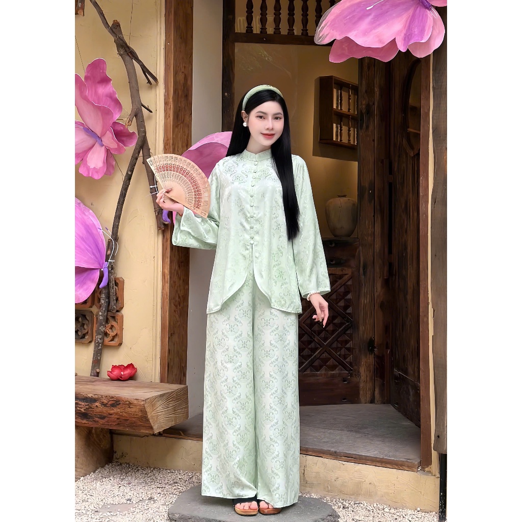 Bộ đi chùa lót hầu vạt chéo dài tay lụa gấm Đồ lam đi chùa cổ tài cách tân tiểu thư gấm mềm mịn Thanh lịch