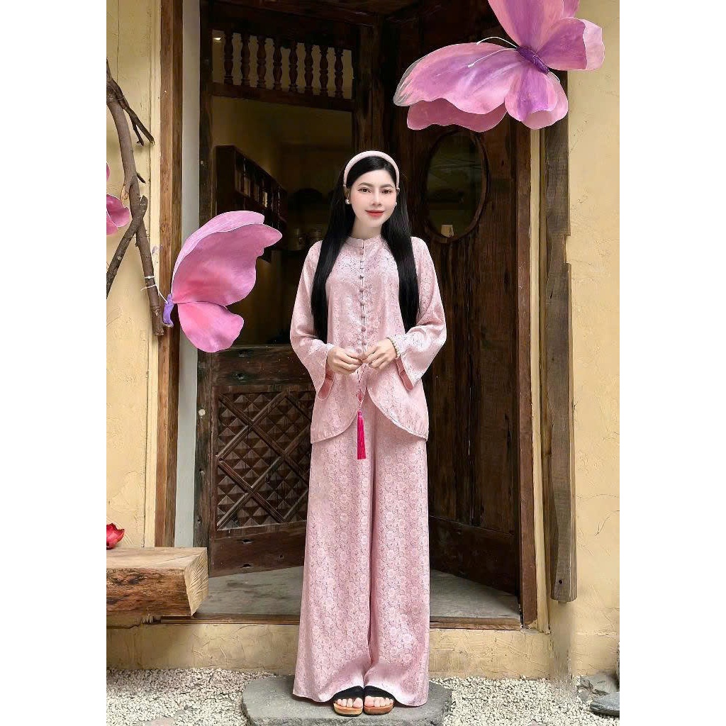 Bộ đi chùa lót hầu vạt chéo dài tay lụa gấm Đồ lam đi chùa cổ tài cách tân tiểu thư gấm mềm mịn Thanh lịch
