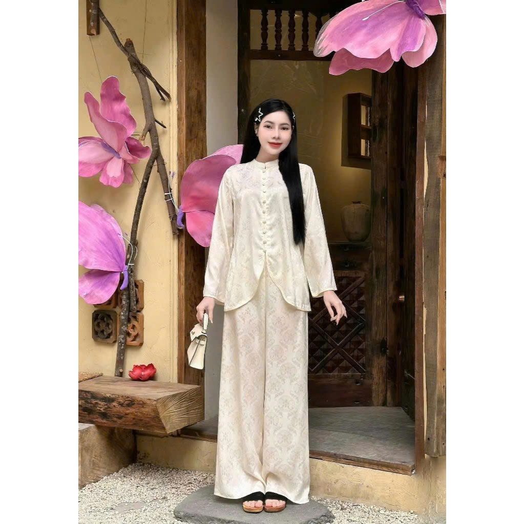 Bộ đi chùa lót hầu vạt chéo dài tay lụa gấm Đồ lam đi chùa cổ tài cách tân tiểu thư gấm mềm mịn Thanh lịch
