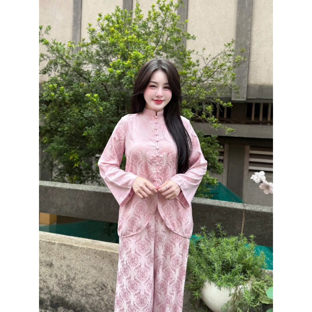 Bộ đi chùa lót hầu vạt chéo dài tay lụa gấm Đồ lam đi chùa cổ tài cách tân tiểu thư gấm mềm mịn Thanh lịch