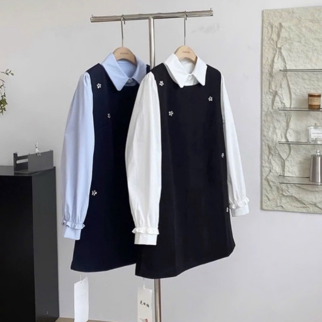 MIU.STUDIO •Set váy yếm xuông ngắn xoè đính tag hoa đá cao cấp phối áo sơmi cổ sen tay bồng phong cách tiểu thư Hàn Quốc