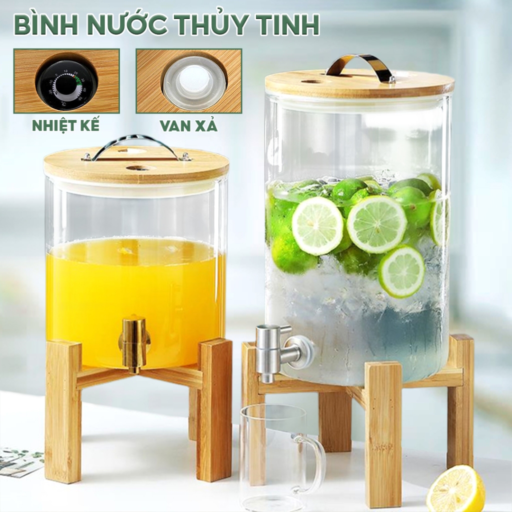 |TẶNG KỆ GỖ| Bình Nước Thủy Tinh Chịu Nhiệt - Dung Tích 5L,8L,11L, Vòi Inox 304, Nắp Tre Đệm Silicon
