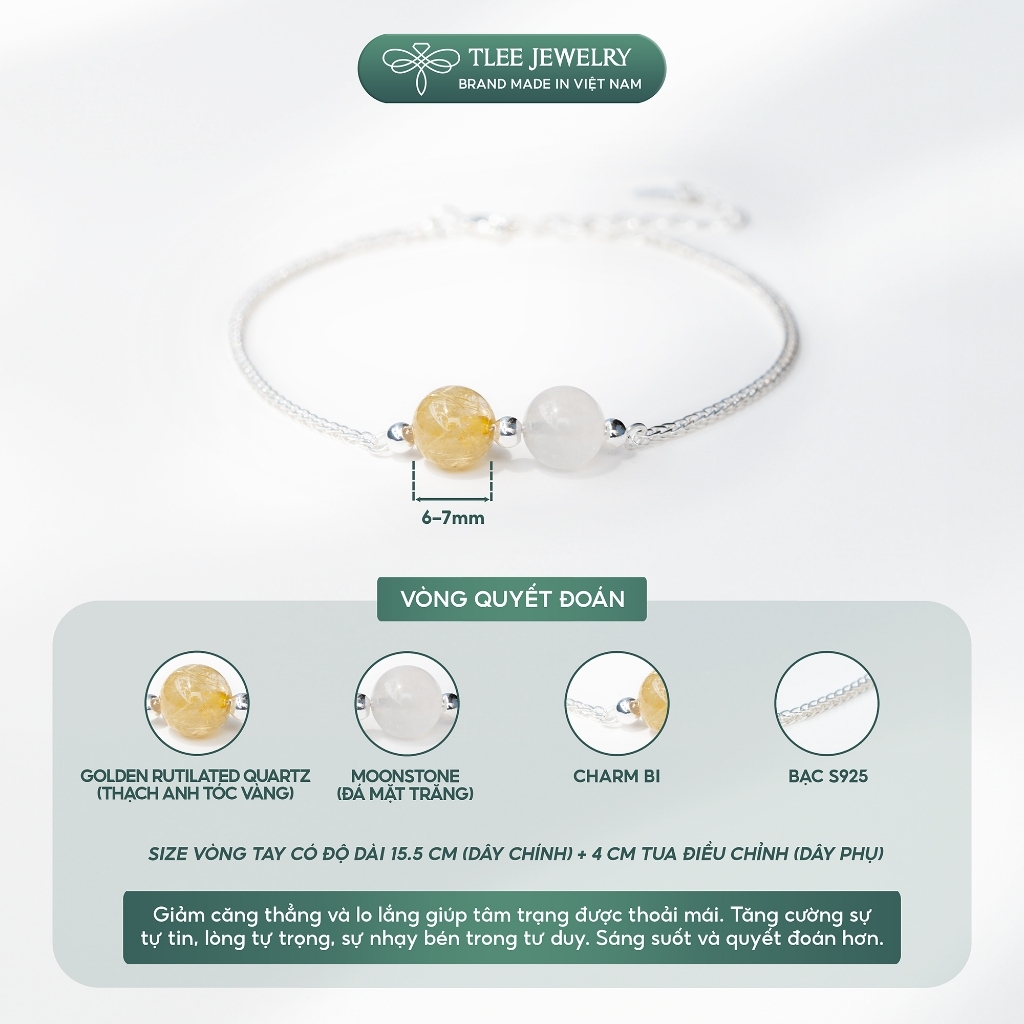 [Peinn]Vòng tay bạc nữ dây bạc 925 mix hai hạt đá phong thủy Tự Nhiên và charm bi LT0211 (LIVE)