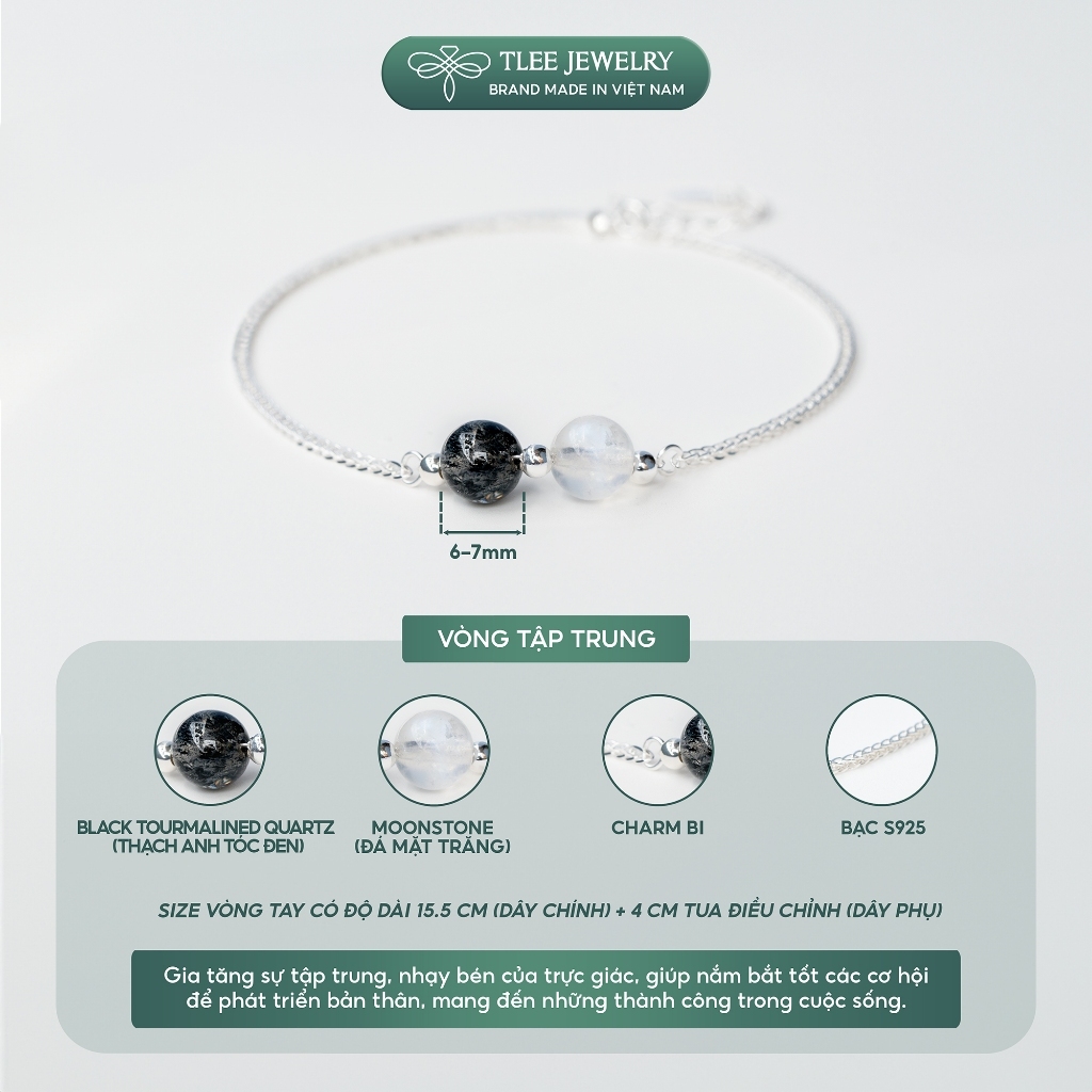 [Peinn]Vòng tay bạc nữ dây bạc 925 mix hai hạt đá phong thủy Tự Nhiên và charm bi LT0211 (LIVE)