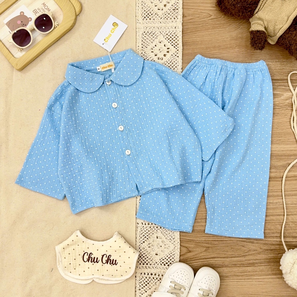 Đồ ngủ trẻ em 9-24kg | Bộ chấm bi vải Xô Muslin thấm hút mồ hôi, phối cổ dễ thương