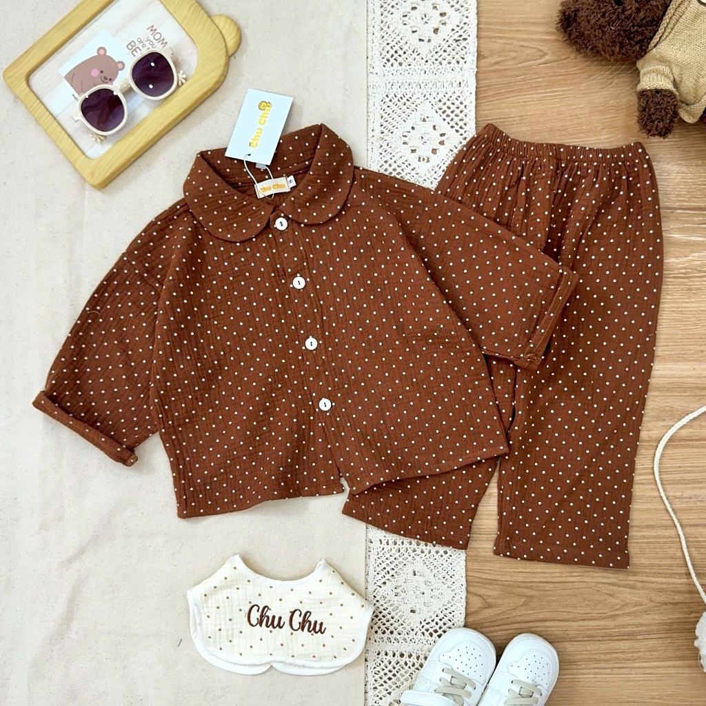 Đồ ngủ trẻ em 9-24kg | Bộ chấm bi vải Xô Muslin thấm hút mồ hôi, phối cổ dễ thương