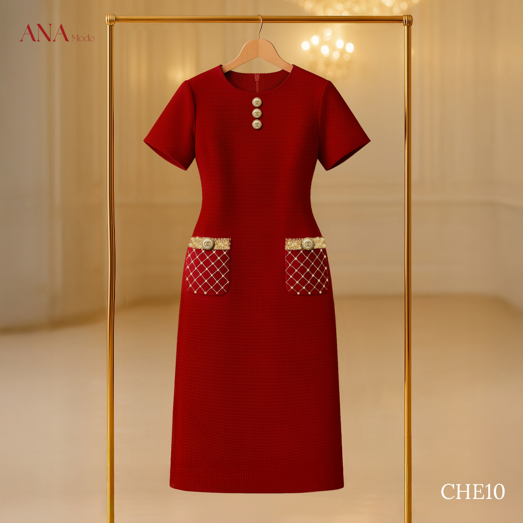 Đầm Kết Cườm Trung Niên ANA Mode Chất Liệu Dệt Thoi Thanh Lịch Đi Tiệc Quà Tặng Mẹ DM25CHE10