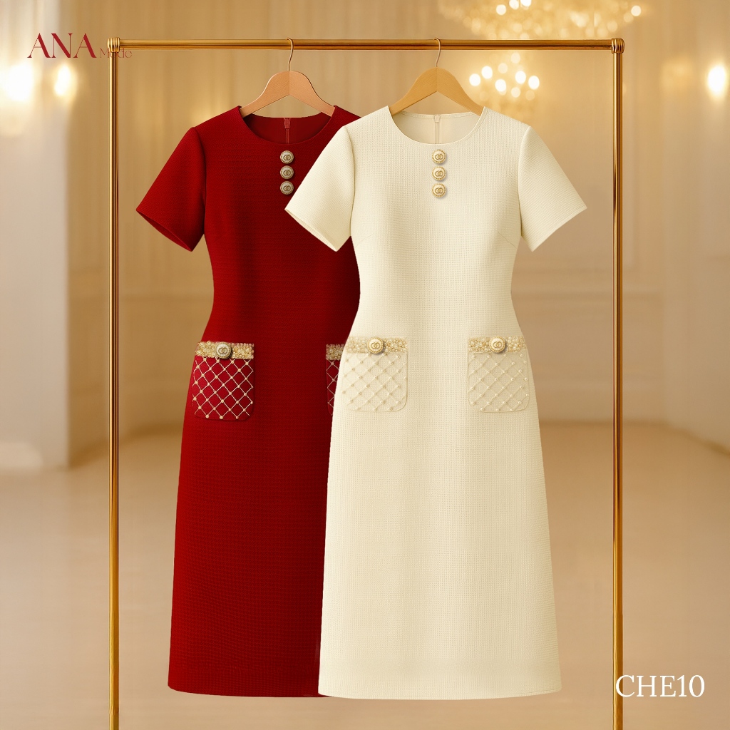 Đầm Kết Cườm Trung Niên ANA Mode Chất Liệu Dệt Thoi Thanh Lịch Đi Tiệc Quà Tặng Mẹ DM25CHE10
