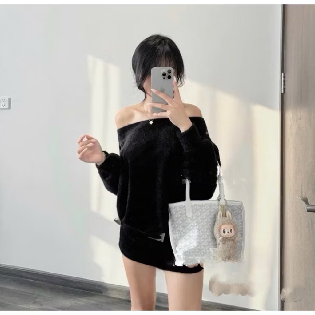 Váy liền eo trễ vai lông thỏ mềm mịn,váy liển len lông thỏ tặng kèm đai