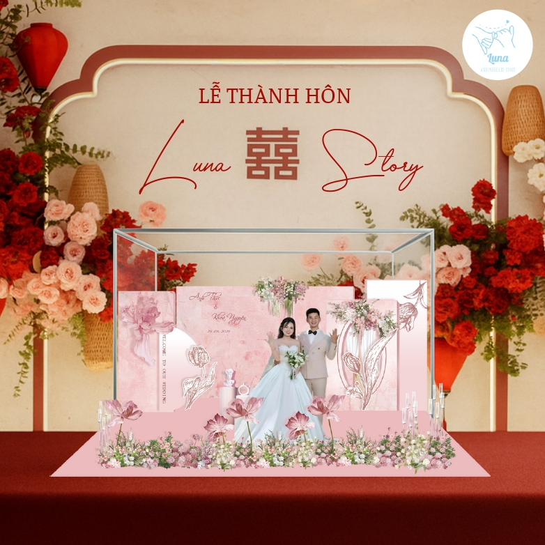 Mô Hình Cưới 3D Sang Trọng - Quà Cưới Thay Lời Chúc Phúc Ngọt Ngào Luna (Tone Hồng - 25cm)