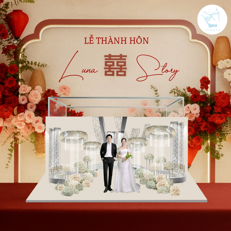 Standee 3D Đám Cưới Sang Trọng – Mô Hình Dâu Rể Trang Trí Decor Nhà & Tiệc Cưới (Tone Trắng - 25CM)