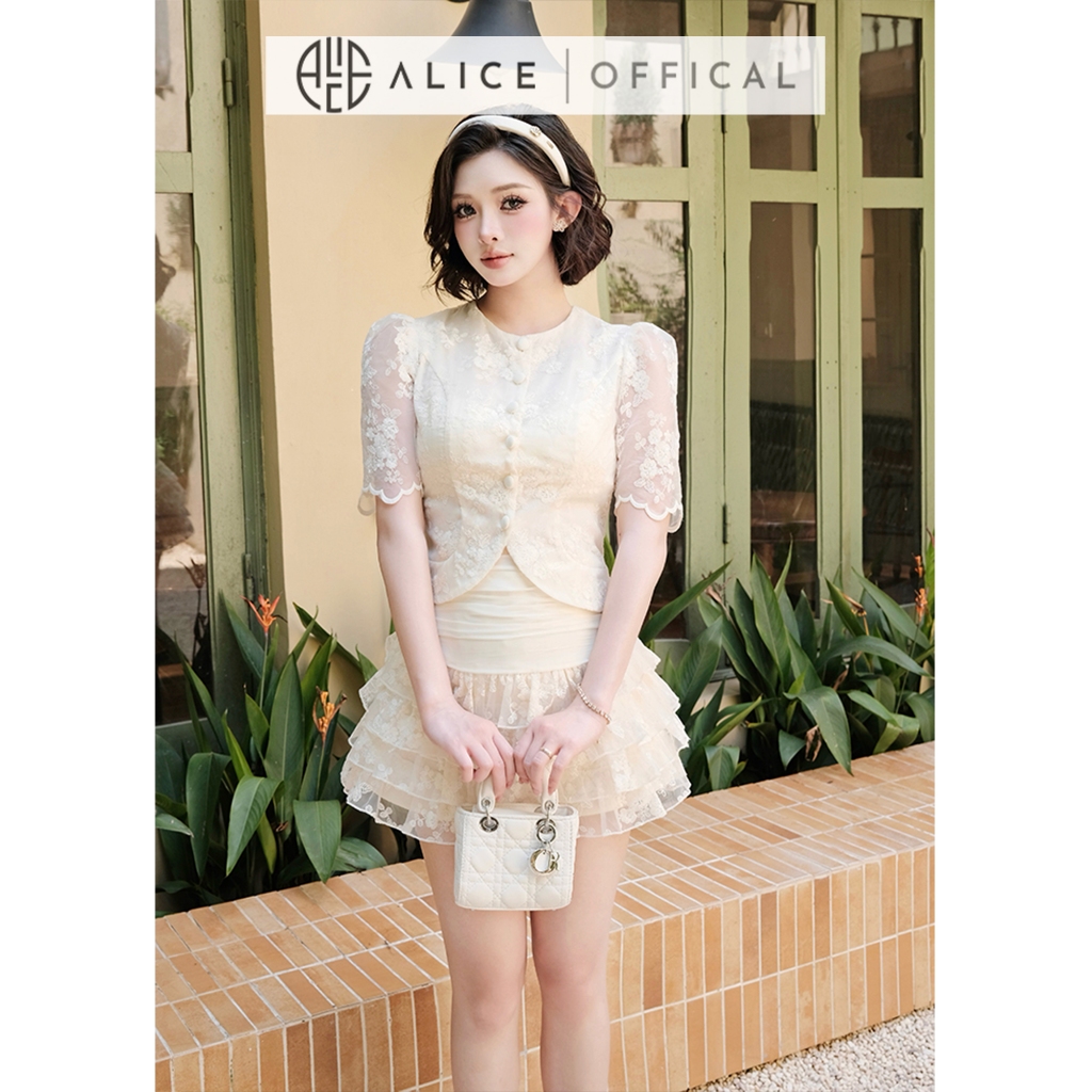 Set Tiểu Thư Alice Chất Ren Phối Tơ Cao Cấp, Áo Tay Phồng Dáng Lửng Lệch Vạt Phối Chân Váy Ngắn Nhiều Tầng Xòe Nhẹ S972