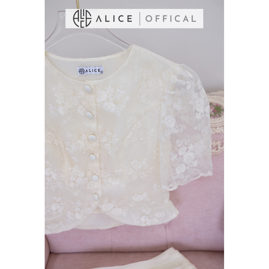 Set Tiểu Thư Alice Chất Ren Phối Tơ Cao Cấp, Áo Tay Phồng Dáng Lửng Lệch Vạt Phối Chân Váy Ngắn Nhiều Tầng Xòe Nhẹ S972