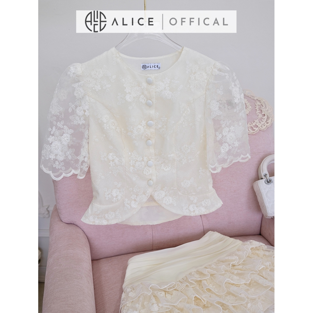 Set Tiểu Thư Alice Chất Ren Phối Tơ Cao Cấp, Áo Tay Phồng Dáng Lửng Lệch Vạt Phối Chân Váy Ngắn Nhiều Tầng Xòe Nhẹ S972