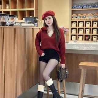 LT - Áo len nữ cổ V bẻ viền, len thu đông dài tay thu đông, Free size 1413
