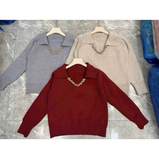 LT - Áo len nữ cổ V bẻ viền, len thu đông dài tay thu đông, Free size 1413