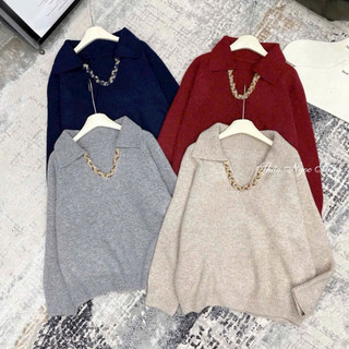 LT - Áo len nữ cổ V bẻ viền, len thu đông dài tay thu đông, Free size 1413