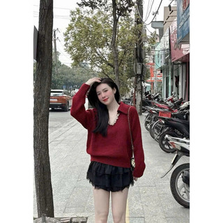 LT - Áo len nữ cổ V bẻ viền, len thu đông dài tay thu đông, Free size 1413