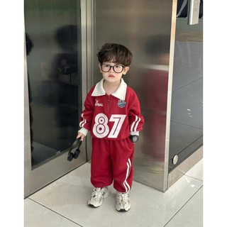Bộ Nỉ Thu Đông  Bé Trai  Phối Kẻ Sọc in số 87 Sành Điệu - Chất Cao Cấp, mềm mại, size 7-26kg