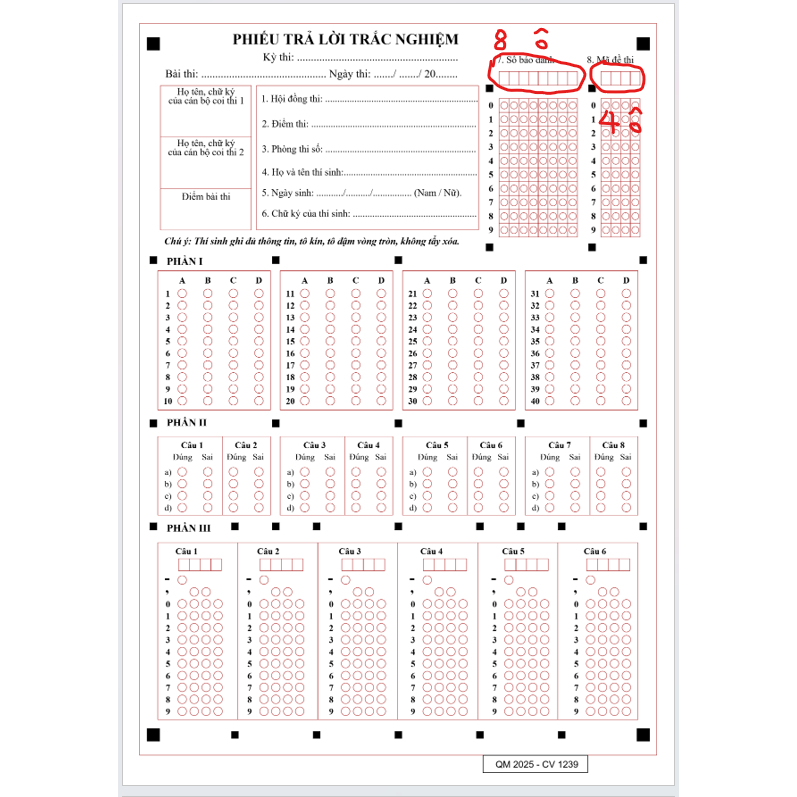 100 Tờ phiếu thi trắc nghiệm THPT app QM2025 có ô ghi điểm - A4
