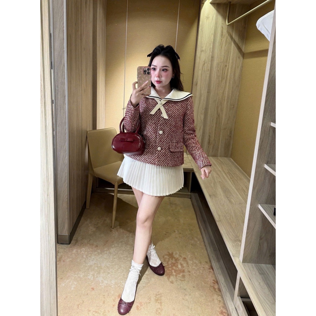 NH CLOTHER - Set bộ đồ áo cổ nơ thanh lịch phối váy trắng ngọt ngào