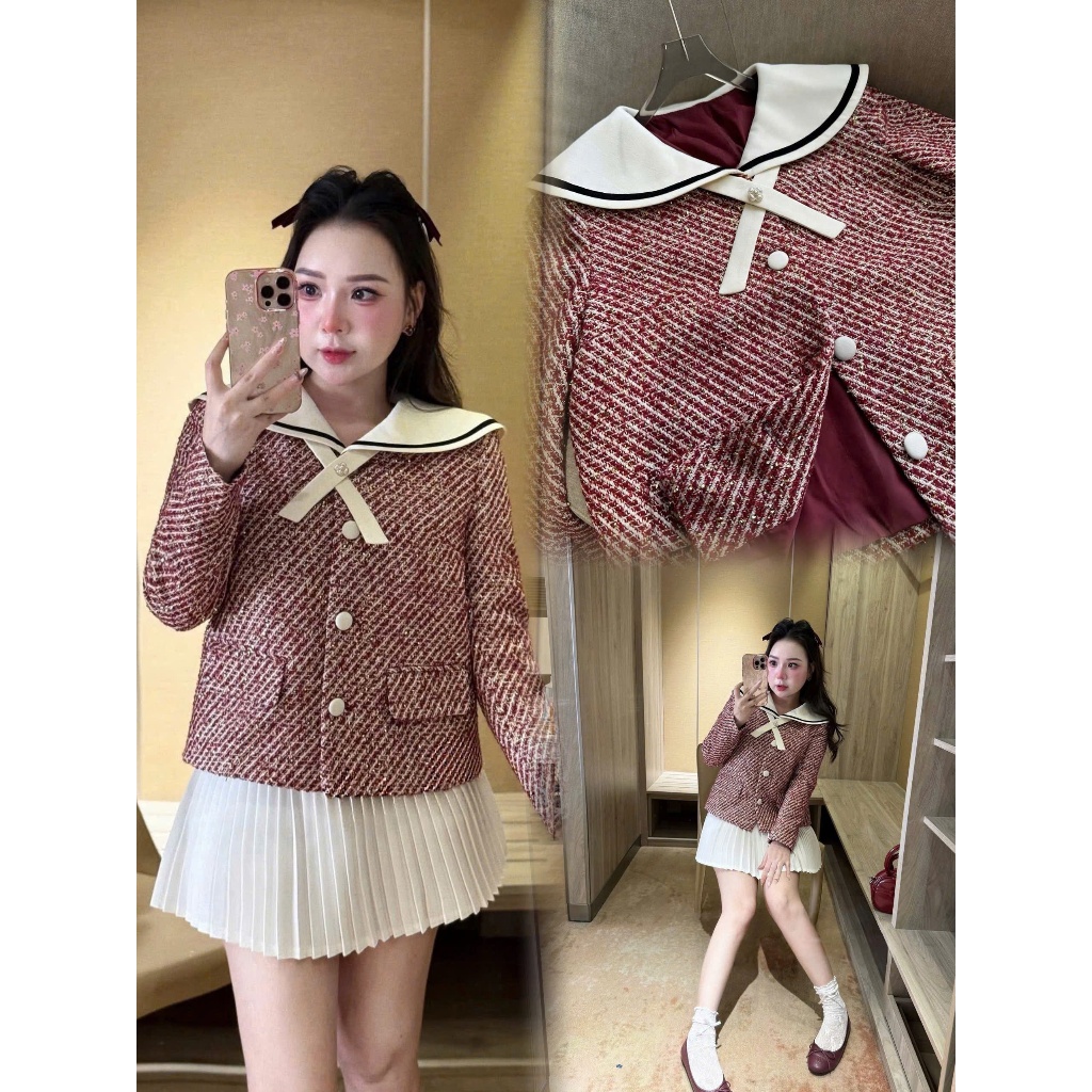 NH CLOTHER - Set bộ đồ áo cổ nơ thanh lịch phối váy trắng ngọt ngào