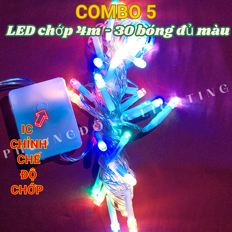 COMBO 5 Dây đèn LED CHỚP Trang trí Noel 4m 30 Bóng Nhiều màu IC CHÍNH CHẾ ĐỘ CHỚP Tiết kiệm điện Đủ màu Trắng Vàng Xanh
