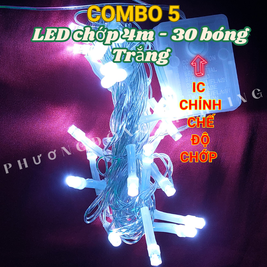 COMBO 5 Dây đèn LED CHỚP Trang trí Noel 4m 30 Bóng Nhiều màu IC CHÍNH CHẾ ĐỘ CHỚP Tiết kiệm điện Đủ màu Trắng Vàng Xanh